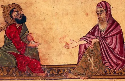 An illustration depicting two figures engaged in dialogue, showcasing intricate clothing and expressions, likely representing a philosophical or theological discussion.