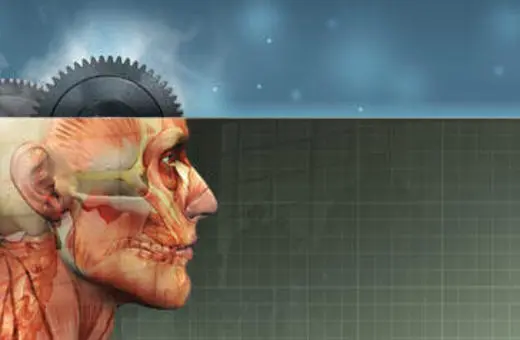 An illustration of a human profile showing anatomical details with a gear mechanism representing the brain, symbolizing the connection between biology and machinery.