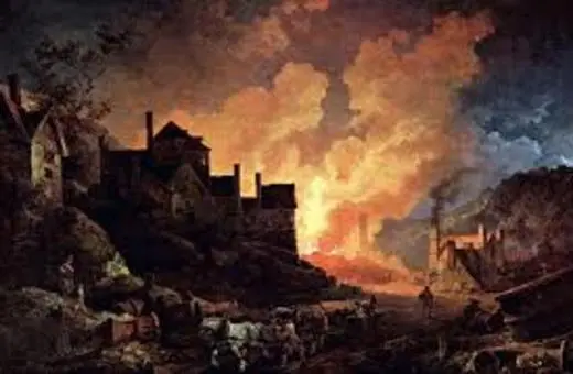 A dramatic landscape painting depicting a town engulfed in fire, with dark clouds overhead and faint silhouettes of people and animals in the foreground.