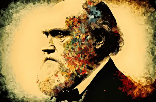 Artistic depiction of Charles Darwin's profile, showcasing his iconic beard and features with vibrant, colorful abstract elements surrounding him, symbolizing evolution and diversity.