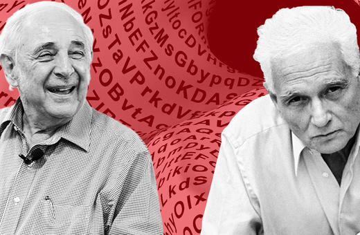 Image features two men seated against a swirling background of text, suggesting a theme of dialogue or intellectual exchange.