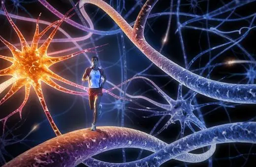 A runner traverses colorful, intertwining neurons, symbolizing the connection between physical activity and neural activity in the brain.