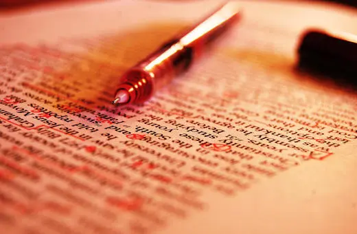 A close-up of a page from a book with highlighted text and a red pen resting on it, emphasizing edited or important sections.