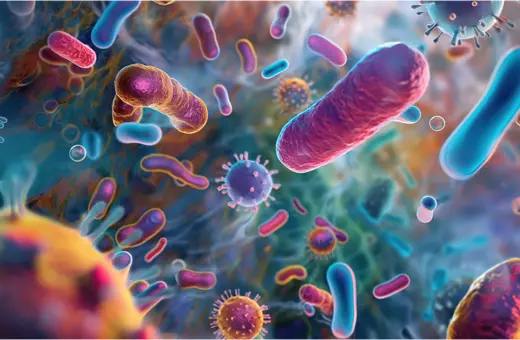 Colorful microscopic view of various bacteria and viruses, displaying different shapes and sizes in a dynamic, abstract environment.