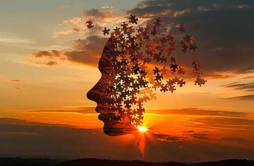 A silhouette of a person's face is formed by puzzle pieces, blending into a vibrant sunset with clouds and a glowing horizon.