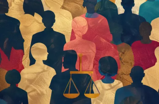 A silhouette collage of diverse individuals in various colors, with a central balancing scale symbolizing justice amid the figures.