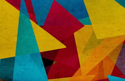 A vibrant abstract composition featuring colorful geometric shapes in shades of yellow, blue, red, and turquoise, creating a dynamic and eye-catching design.