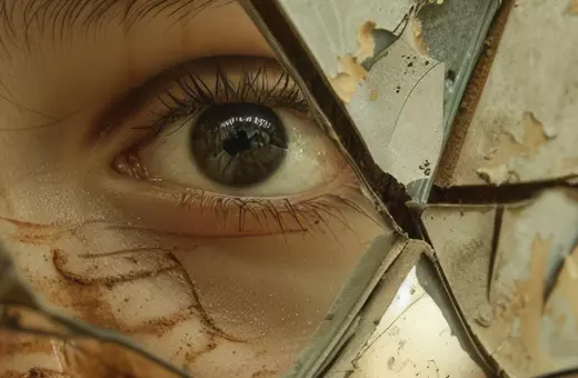 A close-up of an eye partially obscured by shattered mirror pieces, reflecting a fragmented reality, accompanied by the text 