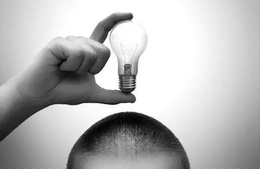 A hand holds a light bulb above a shaved head, symbolizing a creative idea or inspiration. The image is in black and white.