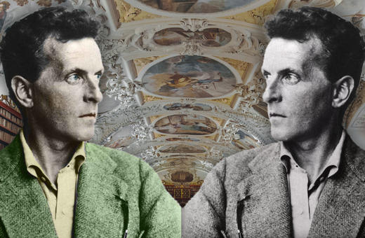 A digitally altered image of philosopher Ludwig Wittgenstein, with a library background featuring ornate ceilings and shelves filled with books.