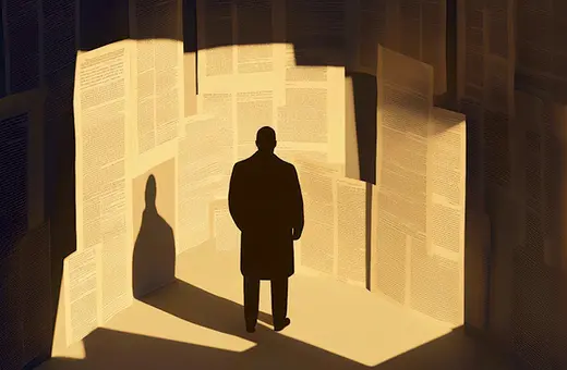 A lone silhouette stands before a stack of posters with overlapping text; the scene feels quiet and contemplative.