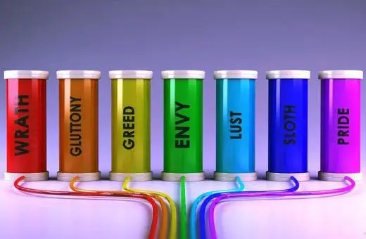 Seven colorful canisters labeled with the seven deadly sins: Wrath, Gluttony, Greed, Envy, Lust, Sloth, and Pride, with vibrant tubes flowing from each.