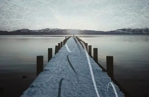 A serene wooden pier extends into a calm body of water, with mountains in the background and a digital overlay of abstract patterns above the horizon.
