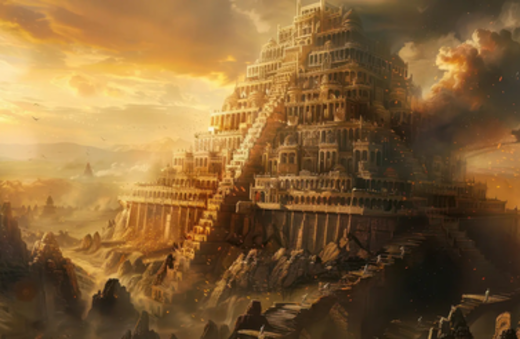 A dramatic, fantastical landscape featuring a massive, intricately detailed pyramid structure illuminated by sunset, surrounded by rugged terrain and ominous clouds.