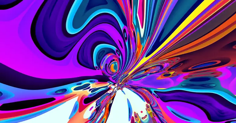 A vibrant, swirling abstract design featuring bright colors like purple, blue, orange, and yellow, creating a dynamic, psychedelic visual effect.