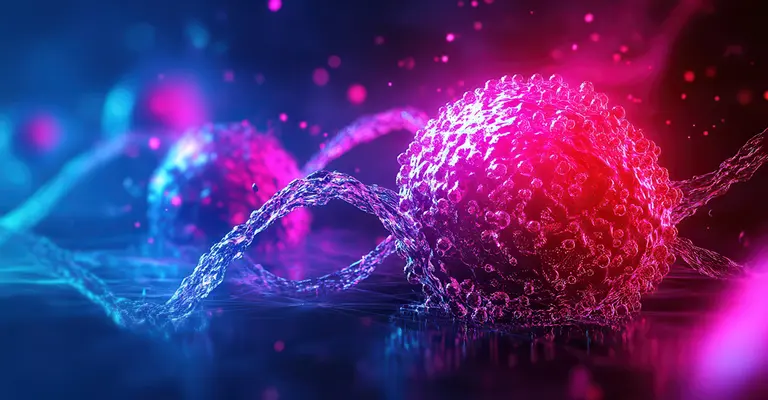 An abstract representation of colorful cancer cells, with swirling strands of DNA in a vibrant, digital environment suggesting cellular biology and genetic research.